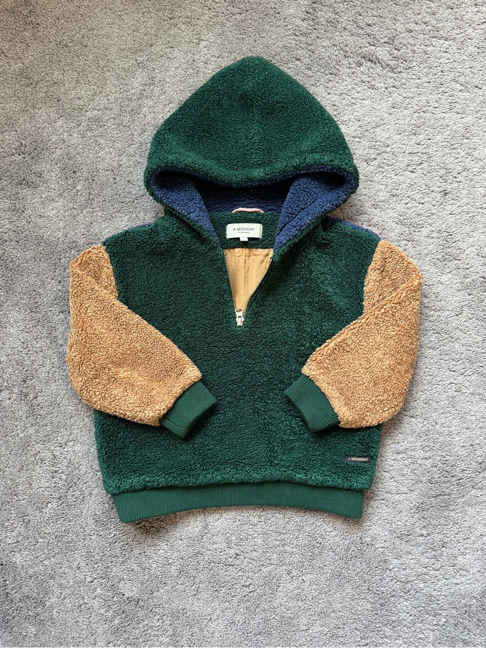 Denmark Brand Kids Forest Green & Tan Sherpa Hooded Pullover